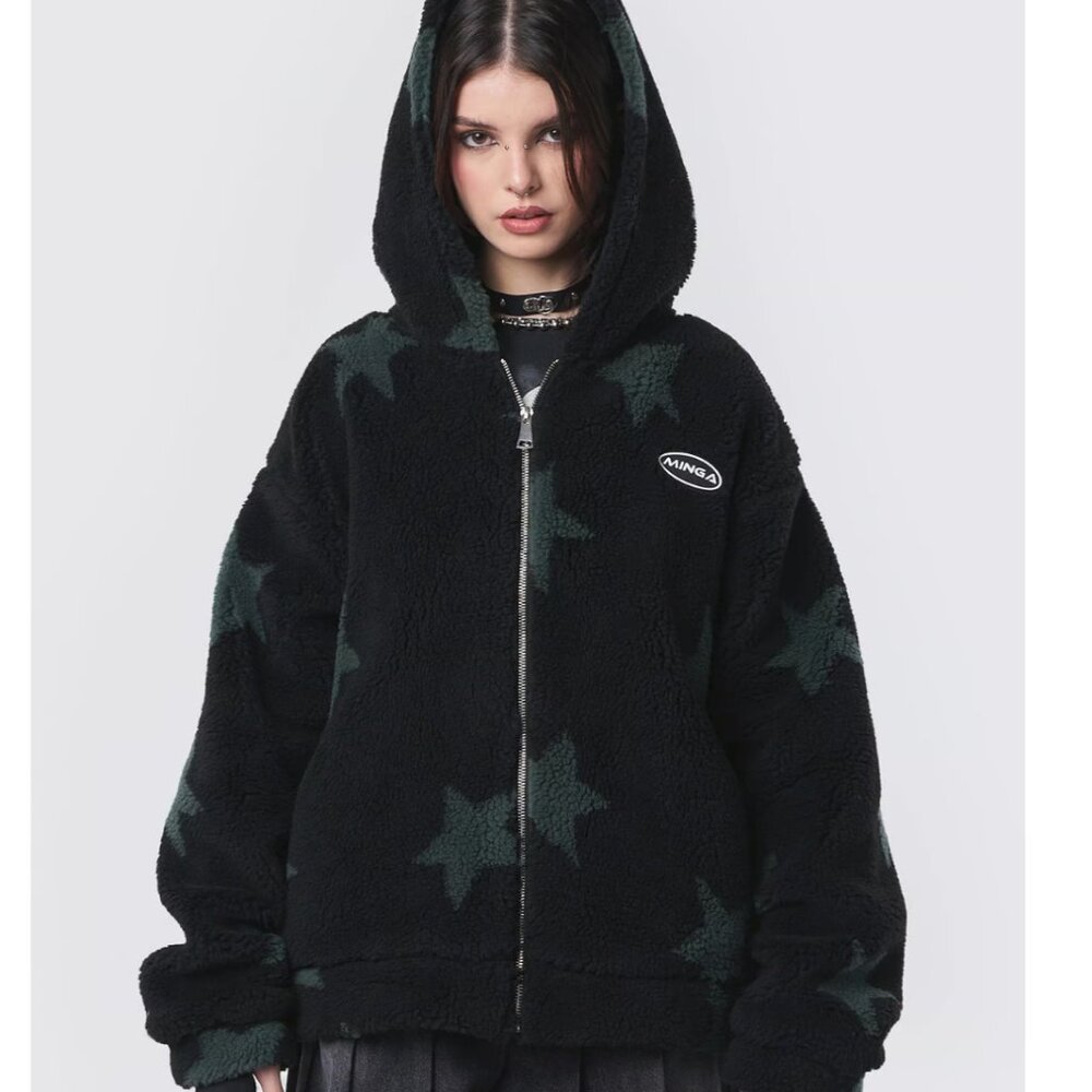 Black Fleece Oversized Zip Up Hoodie Jacket with Green Stars | Minga London